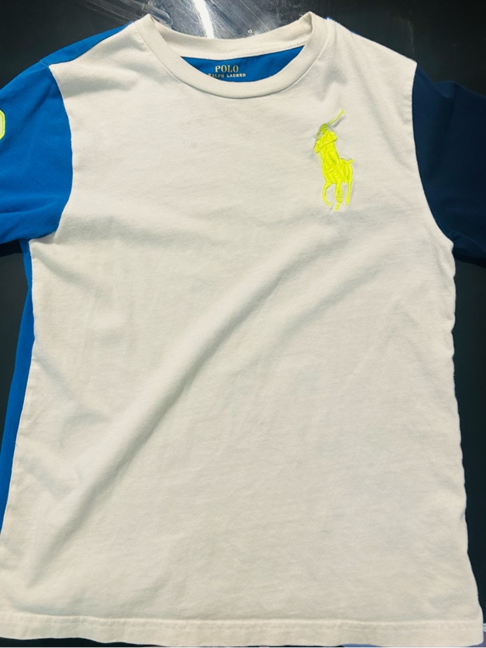 Polo by Ralph Lauren White Tee with Blue Sleeves & Neon Yellow Logo
